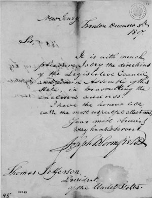 Joseph Bloomfield, Letter to President Thomas Jefferson on December 5, 1801